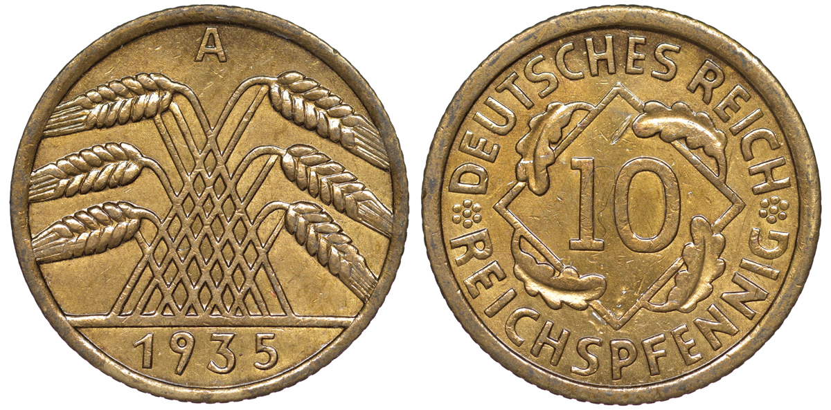 Германия 10 рейхспфеннигов 1935 A KM 40, J. 317 алюминиевая бронза 4604-723
