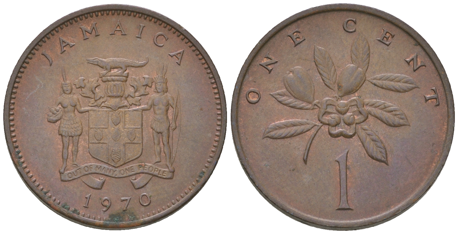 Ямайка 1 цент 1970 герб, фрукт аки KM 45 бронза 4175-1133