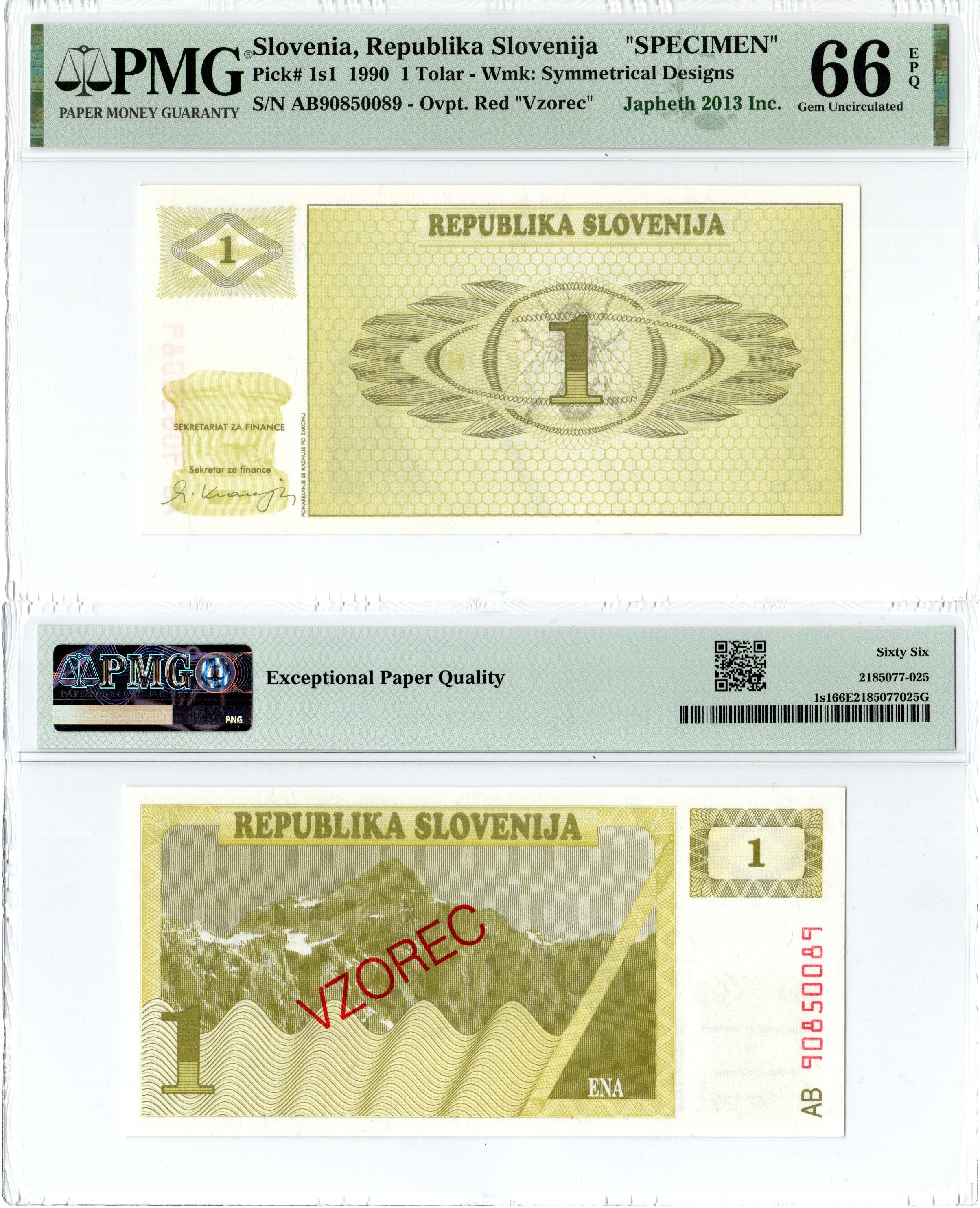 Словения набор из 7 банкнот (образец / SPECIMEN) (1, 5, 10, 50, 100, 500 и 1000 толаров) 1990-1992 в слабах PMG (66, 67 и 68) Pick 1s1, 3s1, 4s1, 5s1, 6s1, 8s1, 9s1 бумага UNC (пресс) 452-2-118