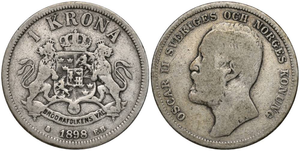 Швеция 1 крона 1898 ЕВ, Оскар II (1872-1907) король Швеции и Норвегии, проба 800, диаметр 25 ММ. KM 760 серебро 27-555
