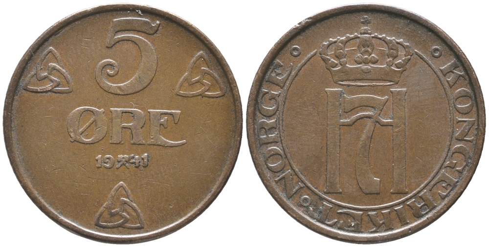 НОРВЕГИЯ 5 ЭРЕ 1941 ХОКОН VII (1905-1957) KM 368 бронза 34-623