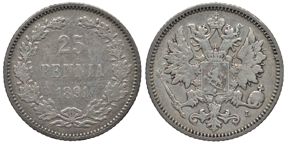 РОССИЯ ДЛЯ ФИНЛЯНДИИ 25 ПЕННИ 1891 L, АЛЕКСАНДР III KM 6.2, Биткин 240 серебро 443-815