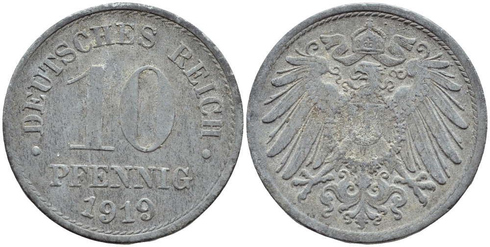 ГЕРМАНИЯ 10 ПФЕННИГОВ 1919 KM 26, J 299 цинк 4395-1241