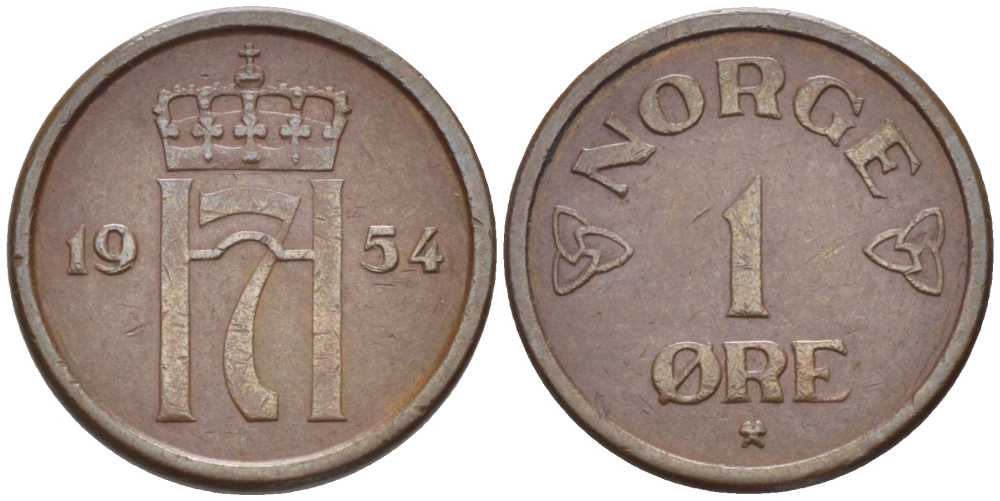 НОРВЕГИЯ 1 ЭРЕ 1954 ХОКОН VII (1905-1957) KM 398 бронза 116-1064