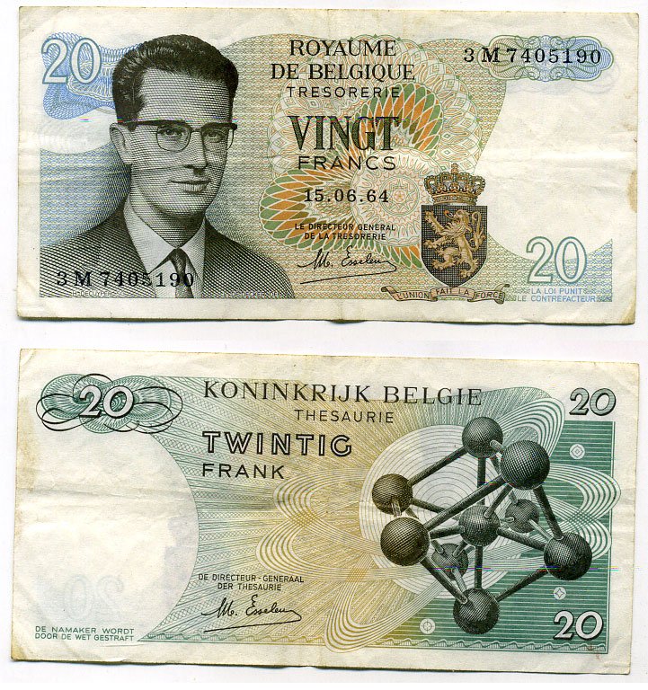 Бельгия 20 франков 1964 Бодуэн I, атомиум, Esselens Pick 138 (2) бумага 7457-41-4-2