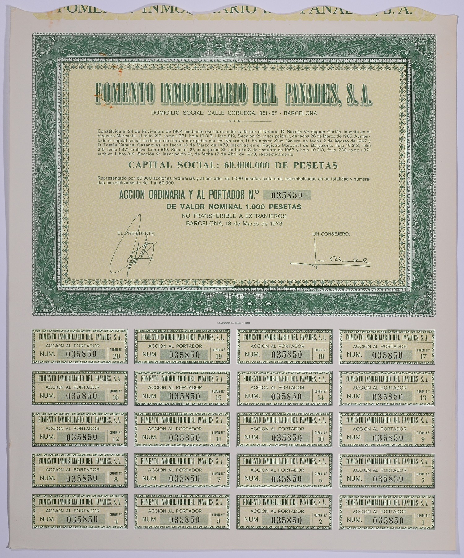 Испания акция на 1000 песет 1973 Fomento Inmobiliario del Panades, S.A., Барселона 1973, с купонами бумага 5544-15