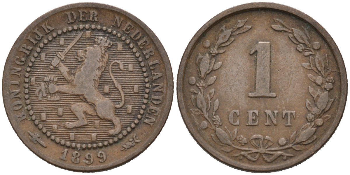 Нидерланды 1 цент 1899 Вильгельмина (1890-1948) KM 107 бронза 4576-634