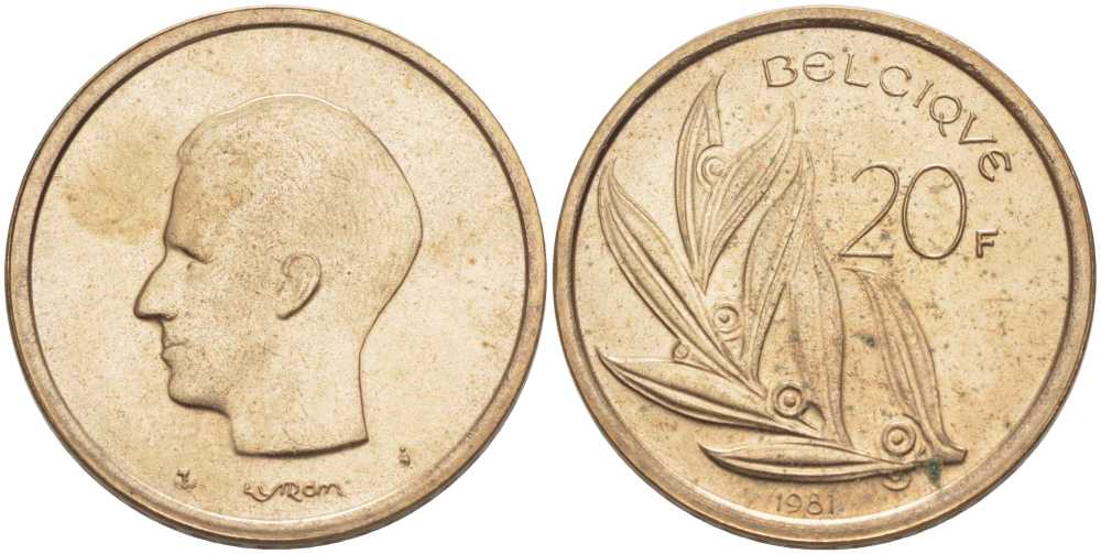 Бельгия 20 франков 1981 Belgique, Бодуэн I (1951-1993) KM 159 никель бронза UNC 213-634