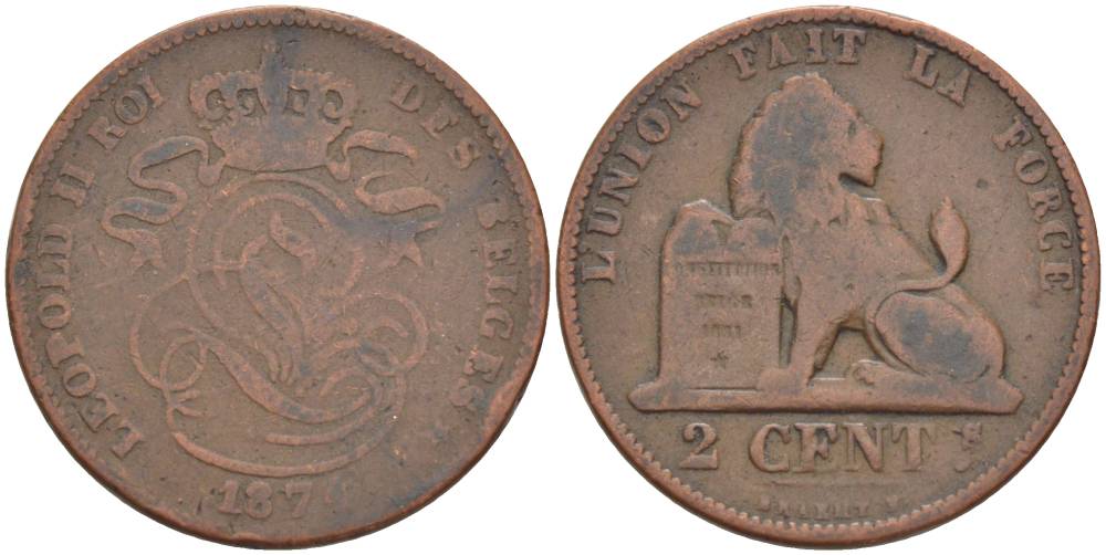 БЕЛЬГИЯ 2 САНТИМА 1874 BELGES, ШИРОКАЯ ДАТА KM 35.1 медь 4546-116