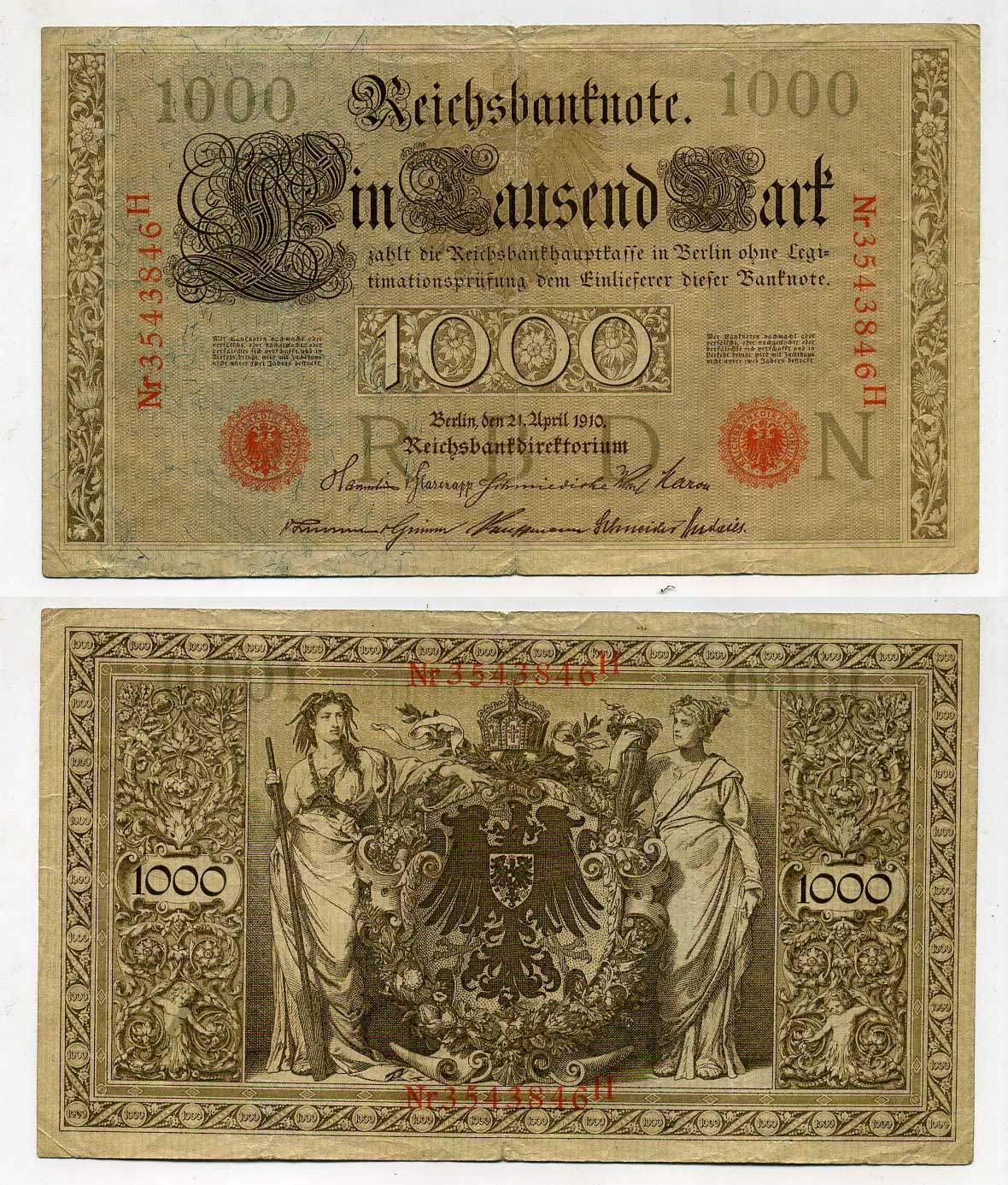 Германия 1000 марок 1910 красная печать, 7 значный номер Pick 44 b  бумага   8610-30-1-2