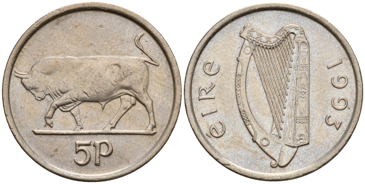 Ирландия 5 пенсов 1993 бык KM 28 медно-никель 4174-852