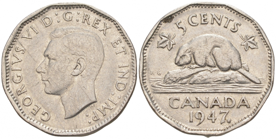 Канада 5 центов 1947 бобр Maple leaf, Георг VI (1936-1952) KM 39a никель 73-1251