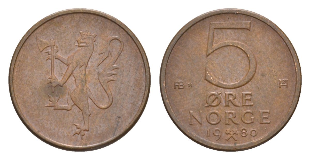 Норвегия 5 эре 1980 Улаф V (1957-1991) KM 415 бронза UNC 4632-1266