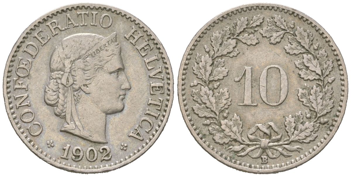 Швейцария 10 раппенов 1902 B KM 27 медно-никель 4164-711