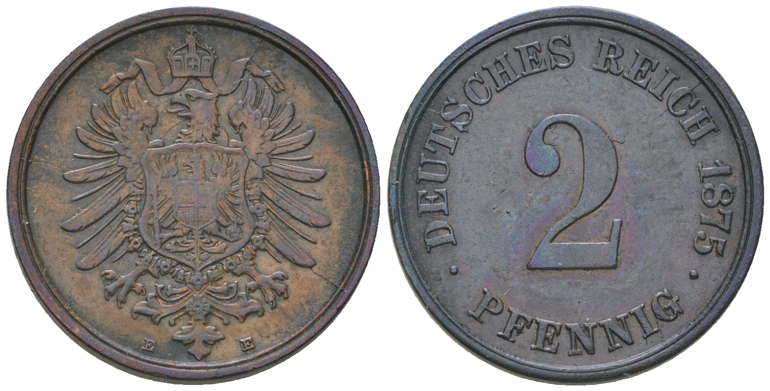 Германия 2 пфеннига 1875 Е, старогербовка KM 2, J.2 медь 4385-634