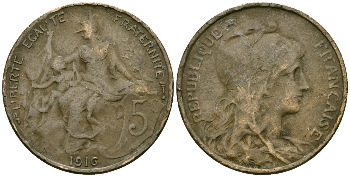 Франция 5 сантимов 1916 звезда - отметка монетного двора Мадрид KM 842 бронза 4167-742