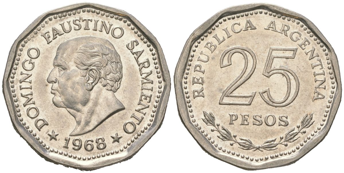 Аргентина 25 песо 1968 80 лет со дня смерти Доминго Фаустино Сармиенто KM 63 сталь плакированная никелем 4121-1157