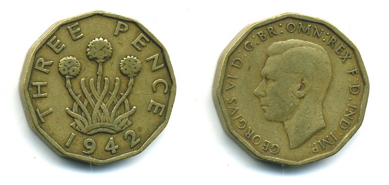 Великобритания 3 пенса 1942 Георг VI (1936-1952) KM 849, Spink 4112 никель латунь 540-242