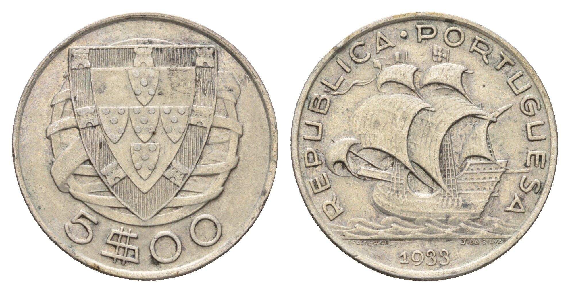 Португалия 5 эскудо 1933 парусник KM 581 серебро 650-1912