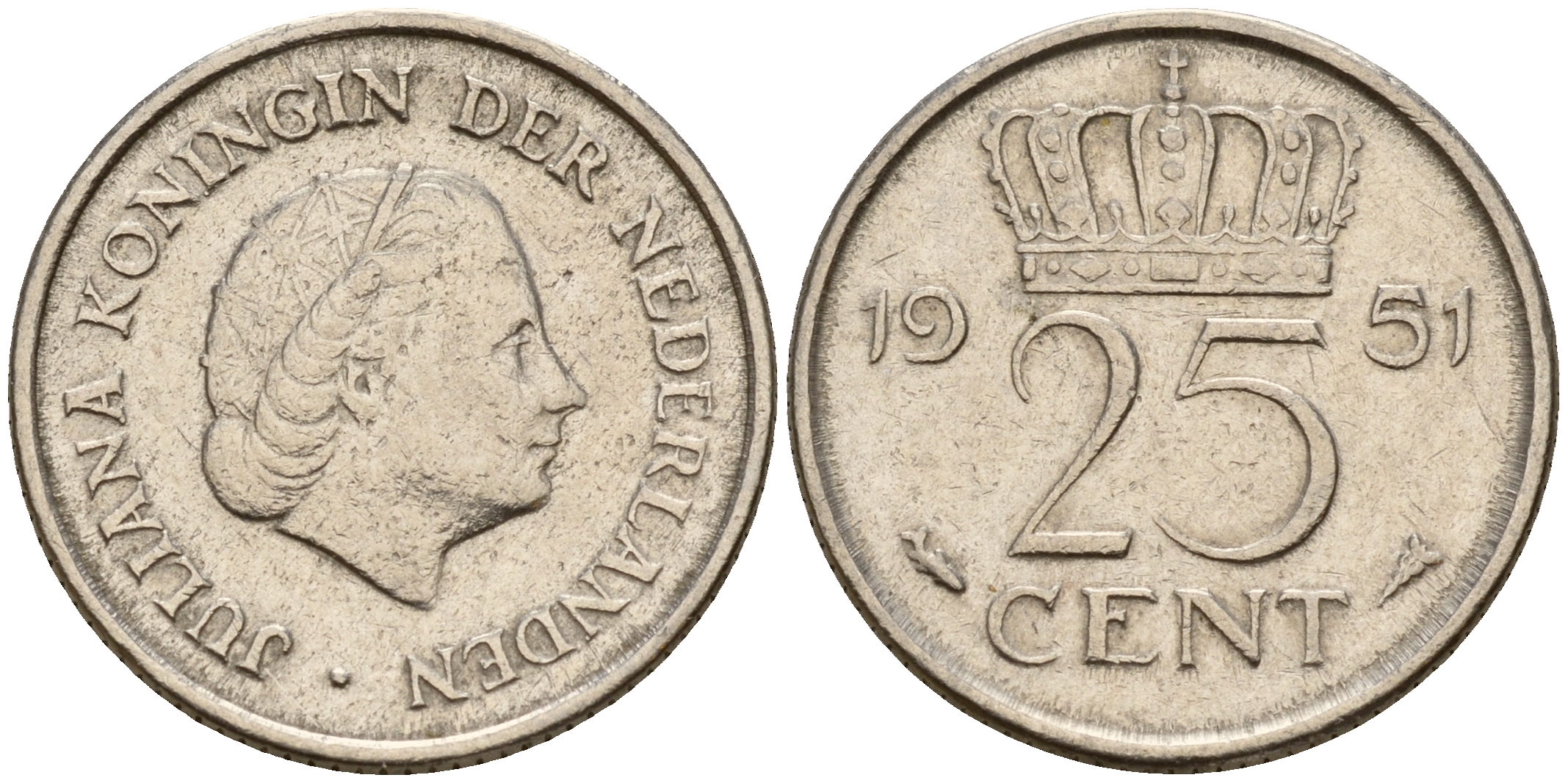 Нидерланды 25 центов 1951 Юлиана (1949-1980) KM 183 никель    4598-347