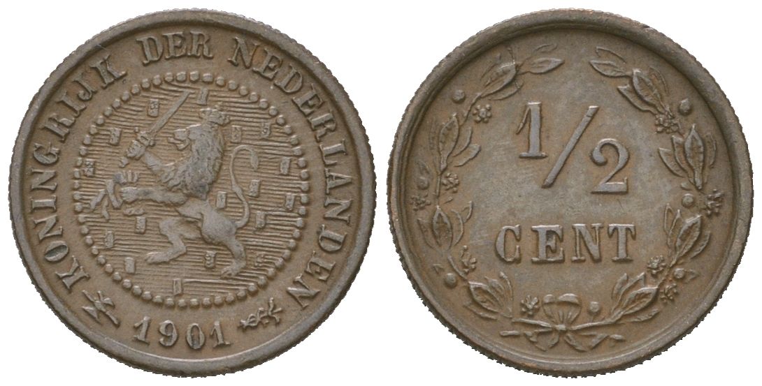 Нидерланды 1/2 цента 1901 Вильгельмина (1890-1948) KM 109 бронза 4174-854