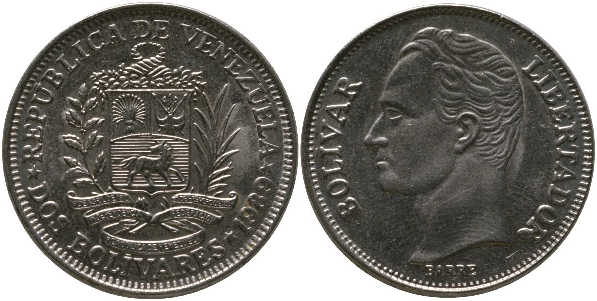 Венесуэла 2 боливара 1989 Combinations : 3 + C, Schwerte Metalworks KM 43a.1 сталь плакированная никелем 4529-252