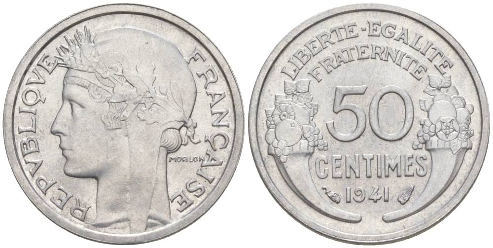 ФРАНЦИЯ 50 САНТИМОВ 1941 ТИП MORLON LOURDE KM 894.1a, LE FRANC 193.2 алюминий 44-262