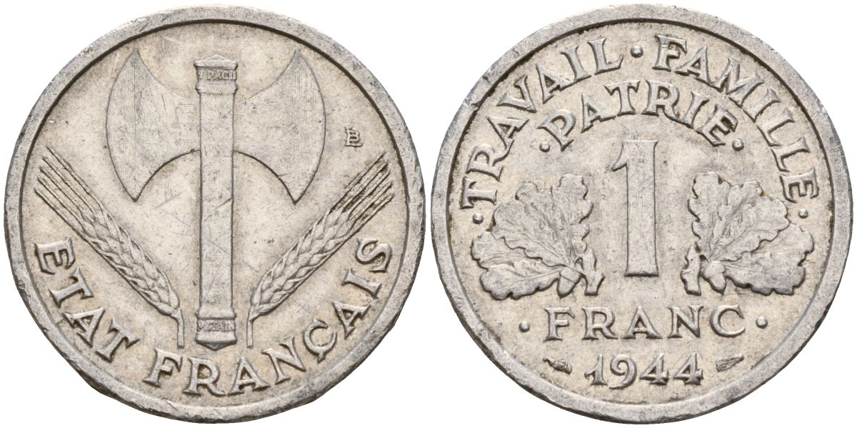 Франция 1 франк 1944 правительство Виши KM 902.1, Le Franc алюминий 4126-653