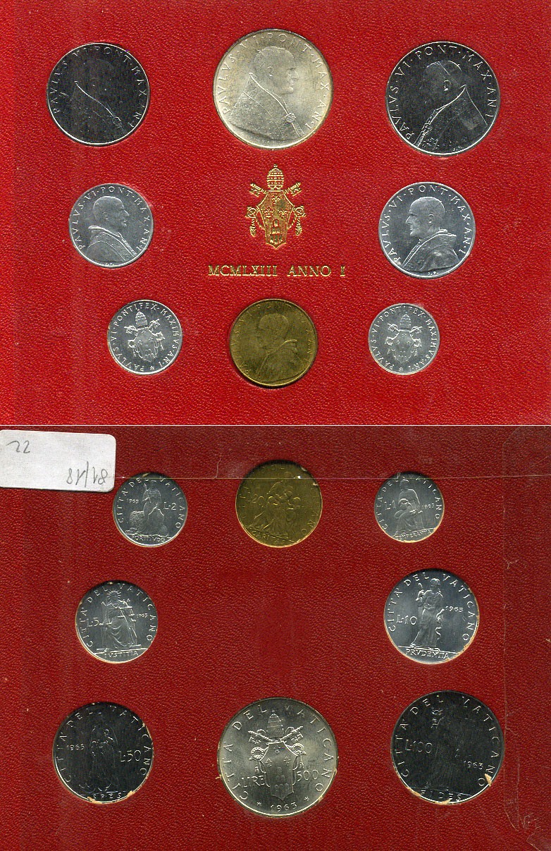 Ватикан набор из 8 монет 1963 1, 2, 5, 10, 20, 50, 100, 500 лир, в оригинальном буклете KM MS66 серебро UNC 8-1-01-10