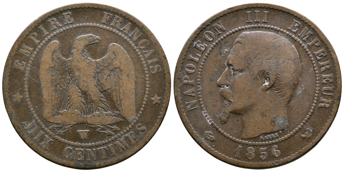 ФРАНЦИЯ 10 САНТИМОВ 1856 W, НАПОЛЕОН III (1852-1870) KM 771.7, LA FRANC 133.38 бронза 4179-1146