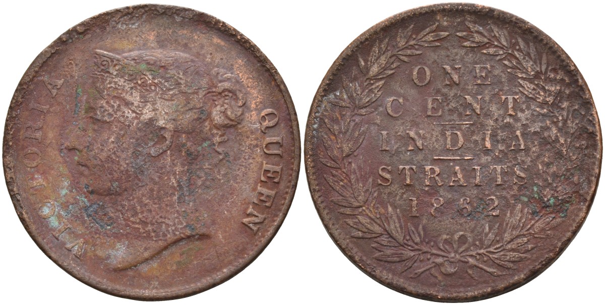 Стрейтс-Сетлментс 1 цент 1862 Виктория (1837-1901), Ост-Индская компания KM 6 медь 4590-312