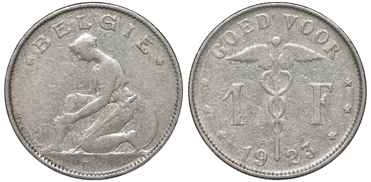Бельгия 1 франк 1923 Belgie, Альберт I (1909-1934) KM 90 никель 51-1121