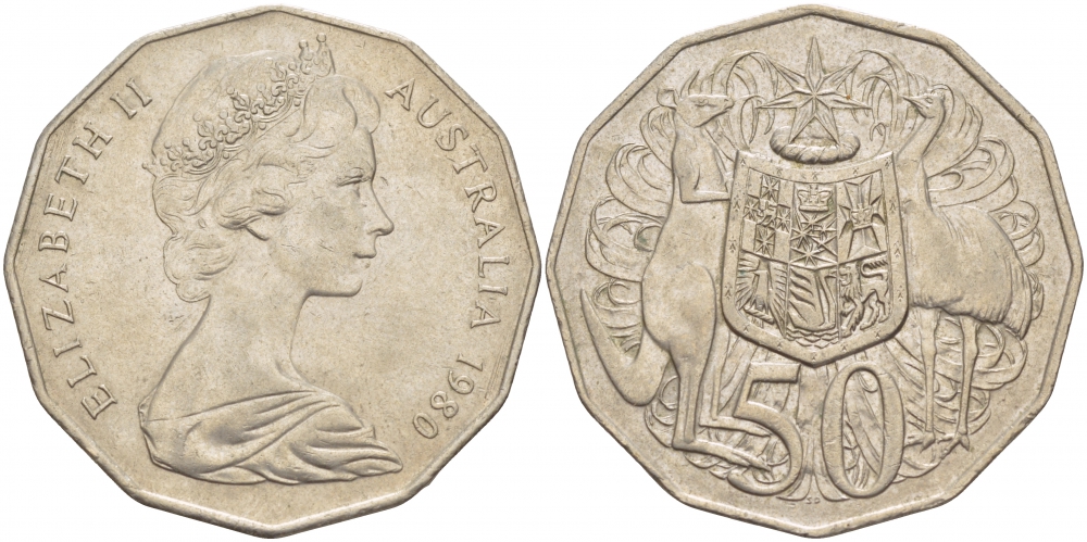 Австралия 50 центов 1980 Елизавета II (1952-2022), герб, кенгуру KM 68 медно-никель 29-113