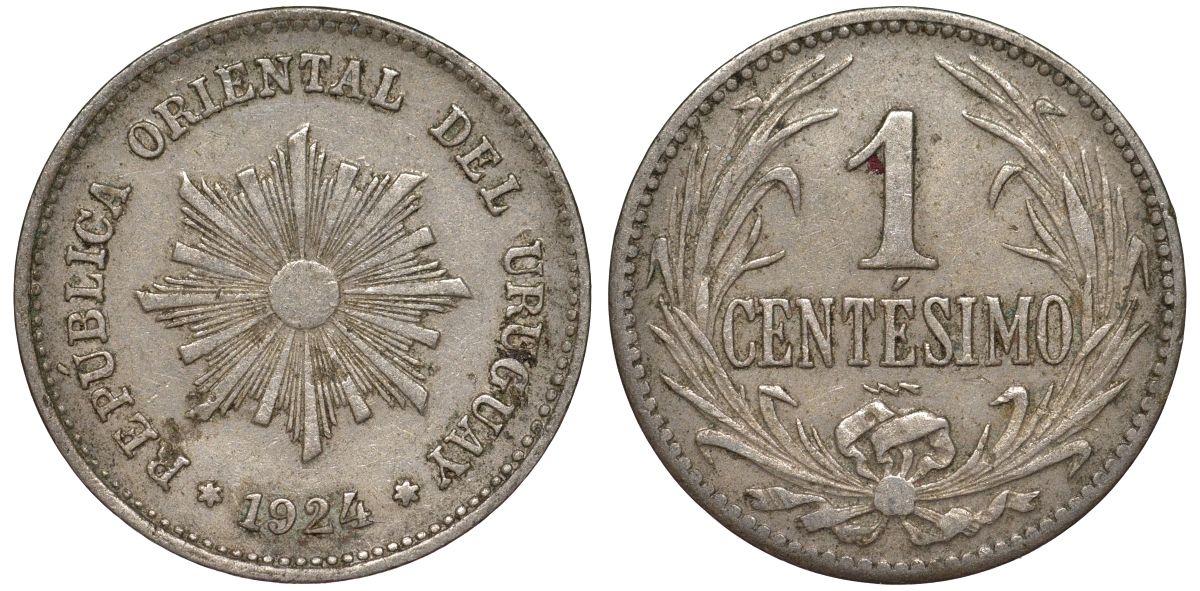 Уругвай 1 сентесимо 1924 KM 19 медно-никель 4169-632