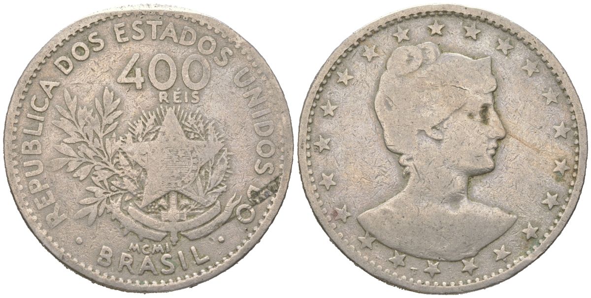 Бразилия 400 реалов 1901 MCMI, голова свободы вправо KM 505 медно-никель 4612-451