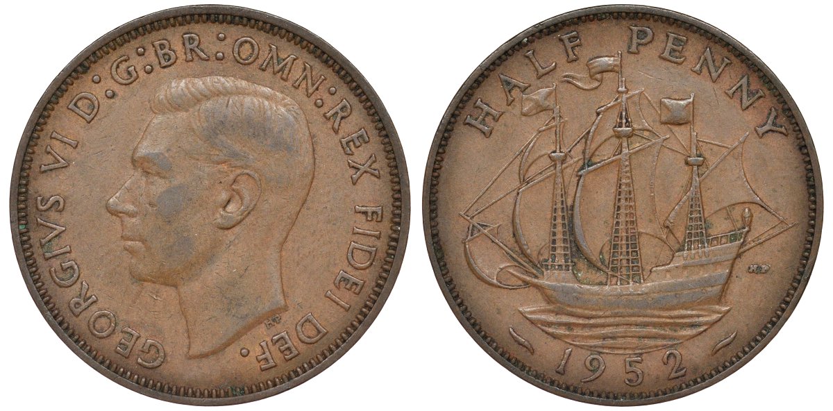 Великобритания 1/2 пенни 1952 Георг VI (1936-1952) KM 868, Spink 4118 бронза 51-1856