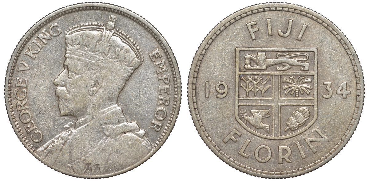 Фиджи 1 флорин 1934 Георг V (1910-1936), герб Фиджи KM 5 серебро    91-1125