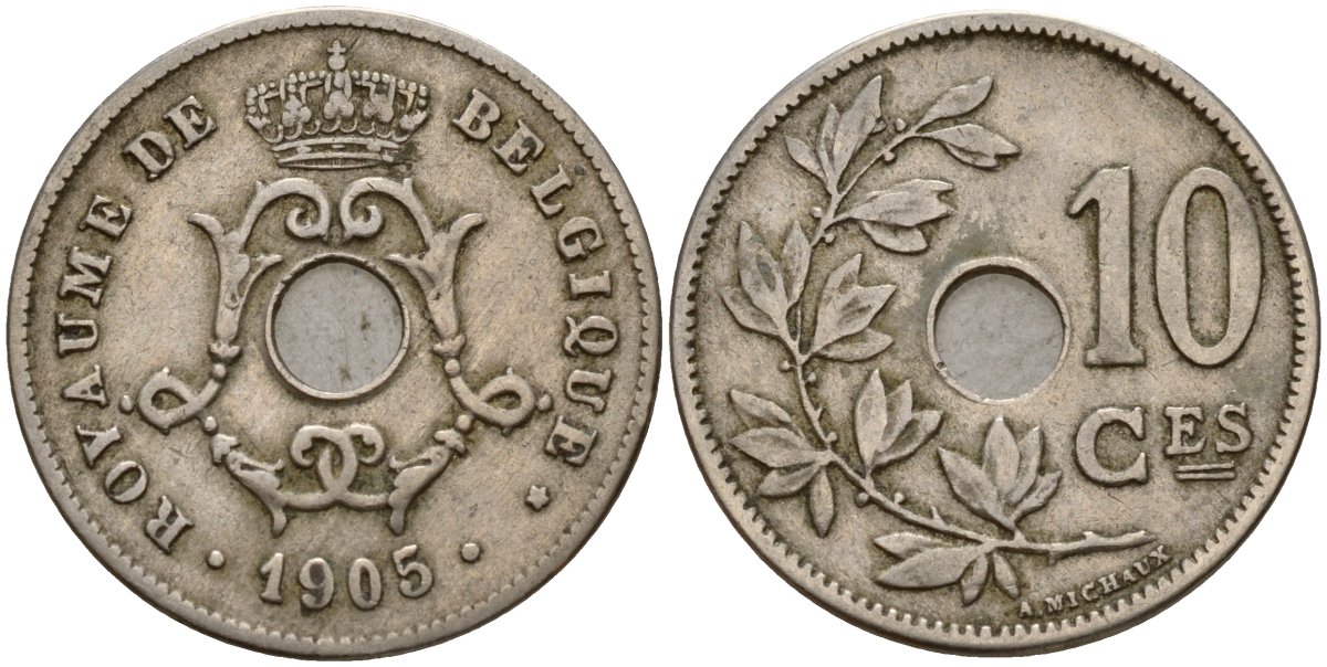 Бельгия 10 сантимов 1905 Belgique KM 526 медно-никель 4187-933