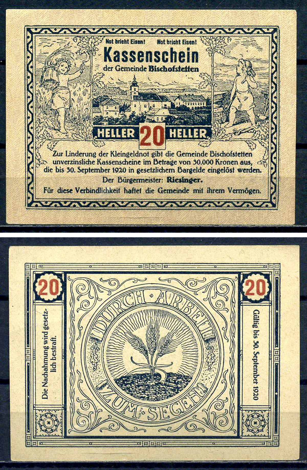 Бишофштеттен (Австрия) 20 геллеров 1920 Jaksc/Pick?JPR0092a-20 бумага aUNC 7556-29-2-1