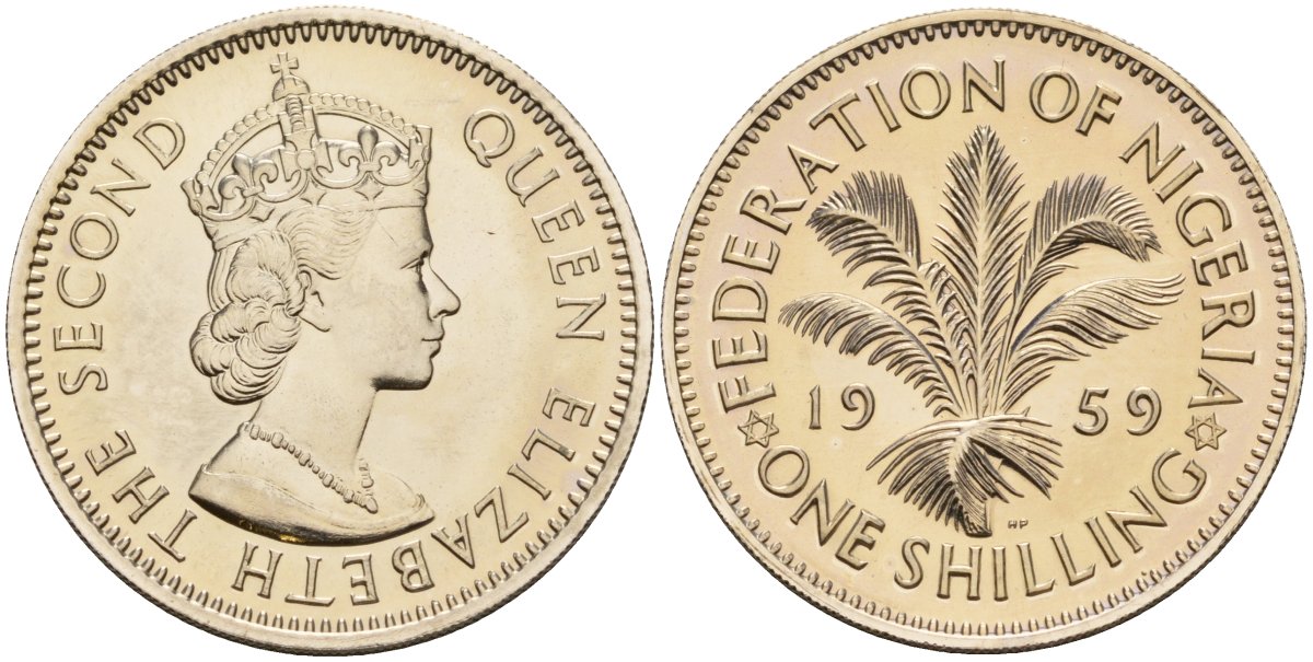Нигерия 1 шиллинг 1959 Елизавета II (1952-), Британский протекторат KM 5 медно-никель PROOF 3711-245