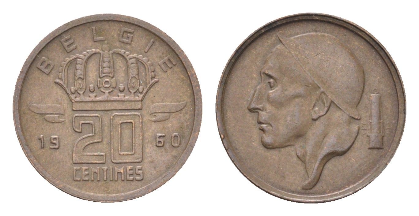 Бельгия 20 сантимов 1960 Belgie, Бодуэн I (1951-1993) KM 147.1 бронза 4705-218