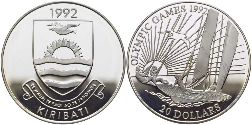 Кирибати 20 долларов 1992 XXV Олимпийские игры в Барселоне 1992 года, регата, яхта KM 17 серебро PROOF 1078-1-12