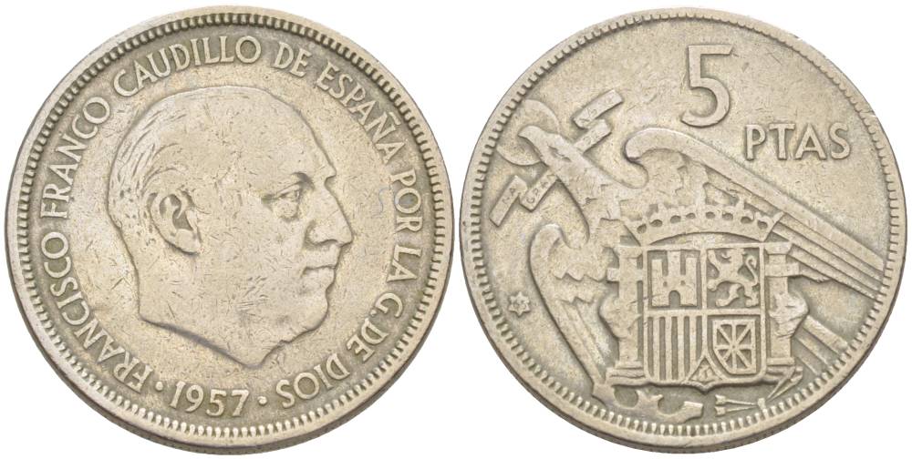 ИСПАНИЯ 5 ПЕСЕТ 1957 (65) ФРАНСИСКО ФРАНКО ДИКТАТОР ИСПАНИИ (1939-1975) KM 786 медно-никель 4551-952