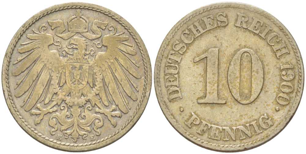 ГЕРМАНИЯ 10 ПФЕННИГОВ 1900 E KM 12, J. 13, Weege 8 медно-никель 261-1351