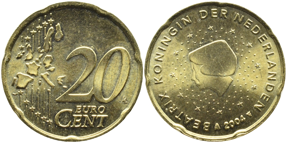 Нидерланды 20 евроцентов 2004 Беатрикс (1980-2013) KM 238 латунь UNC 08-1113