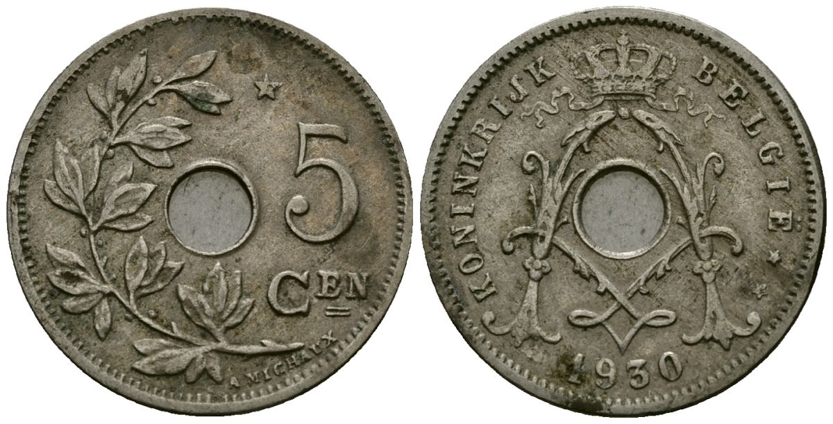 Бельгия 5 сантимов 1930 Belgie KM 67 медно-никель 4173-326