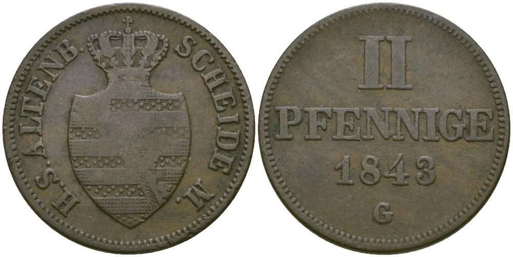 Саксен-Альтенбург 2 пфеннига 1843 G, Иосиф (герцог Саксен-Альтенбургский) (1834-1848) KM 4, AKS 55, J. 111 медь    99-633