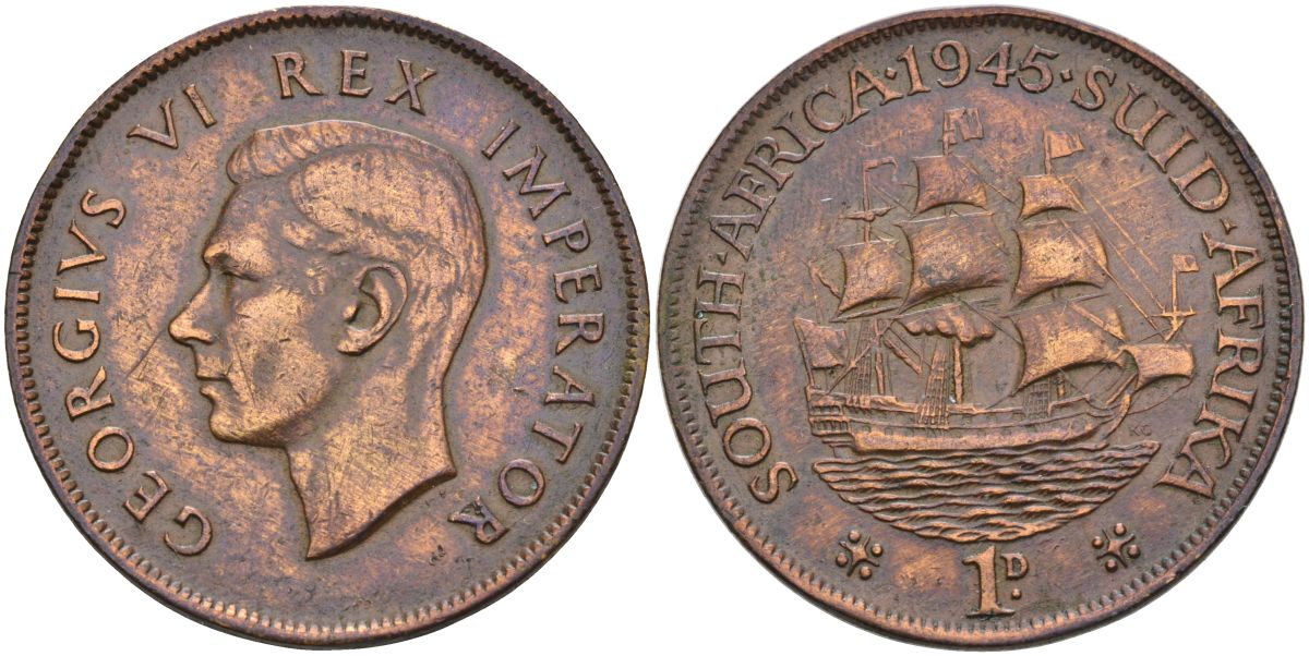 ЮАР 1 пенни 1945 Георг VI (1937-1952) KM 25 бронза 4368-521