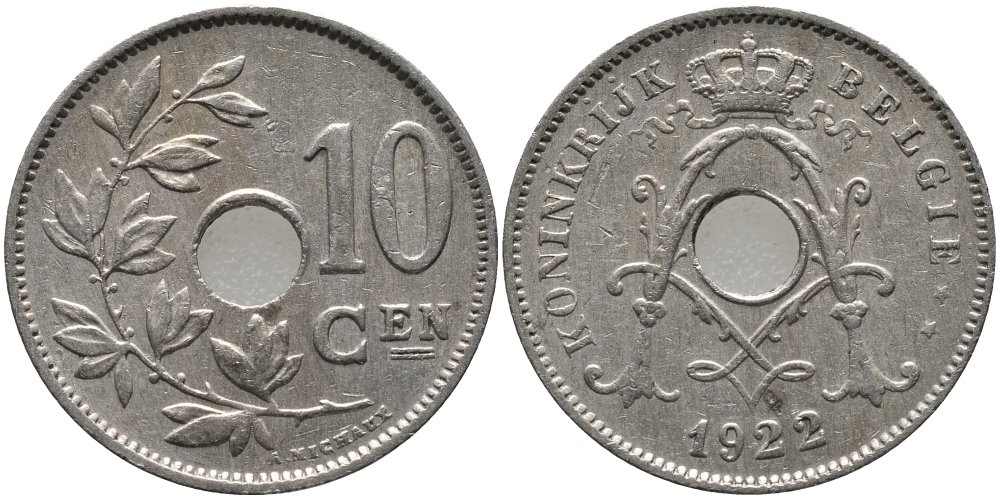 БЕЛЬГИЯ 10 САНТИМОВ 1922 BELGIE KM 86 медно-никель 4364-2725