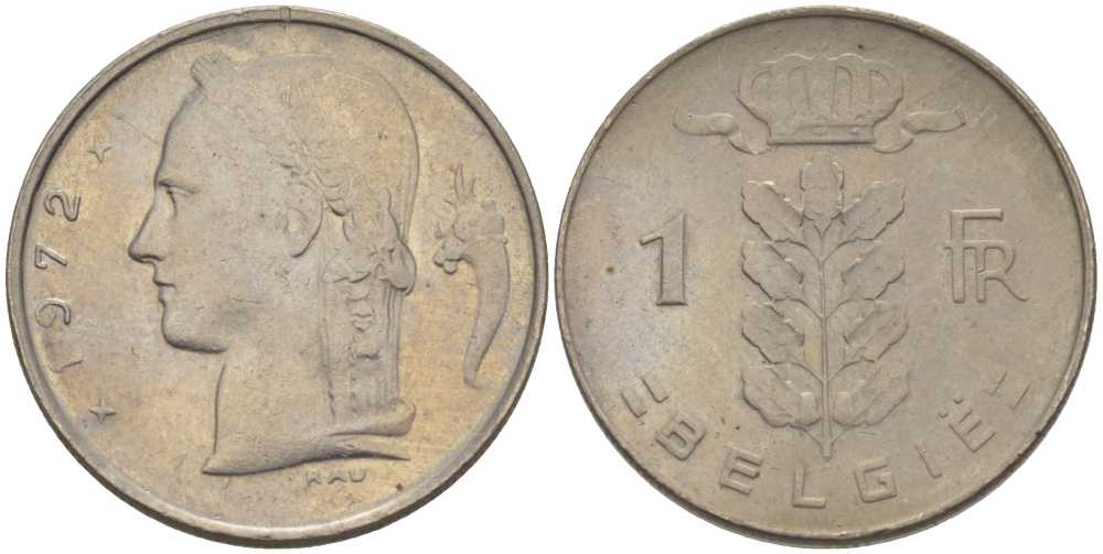 БЕЛЬГИЯ 1 ФРАНК 1972 BELGIE, БОДУЭН I (1951-1993) KM 143.1 медно-никель 202-1046